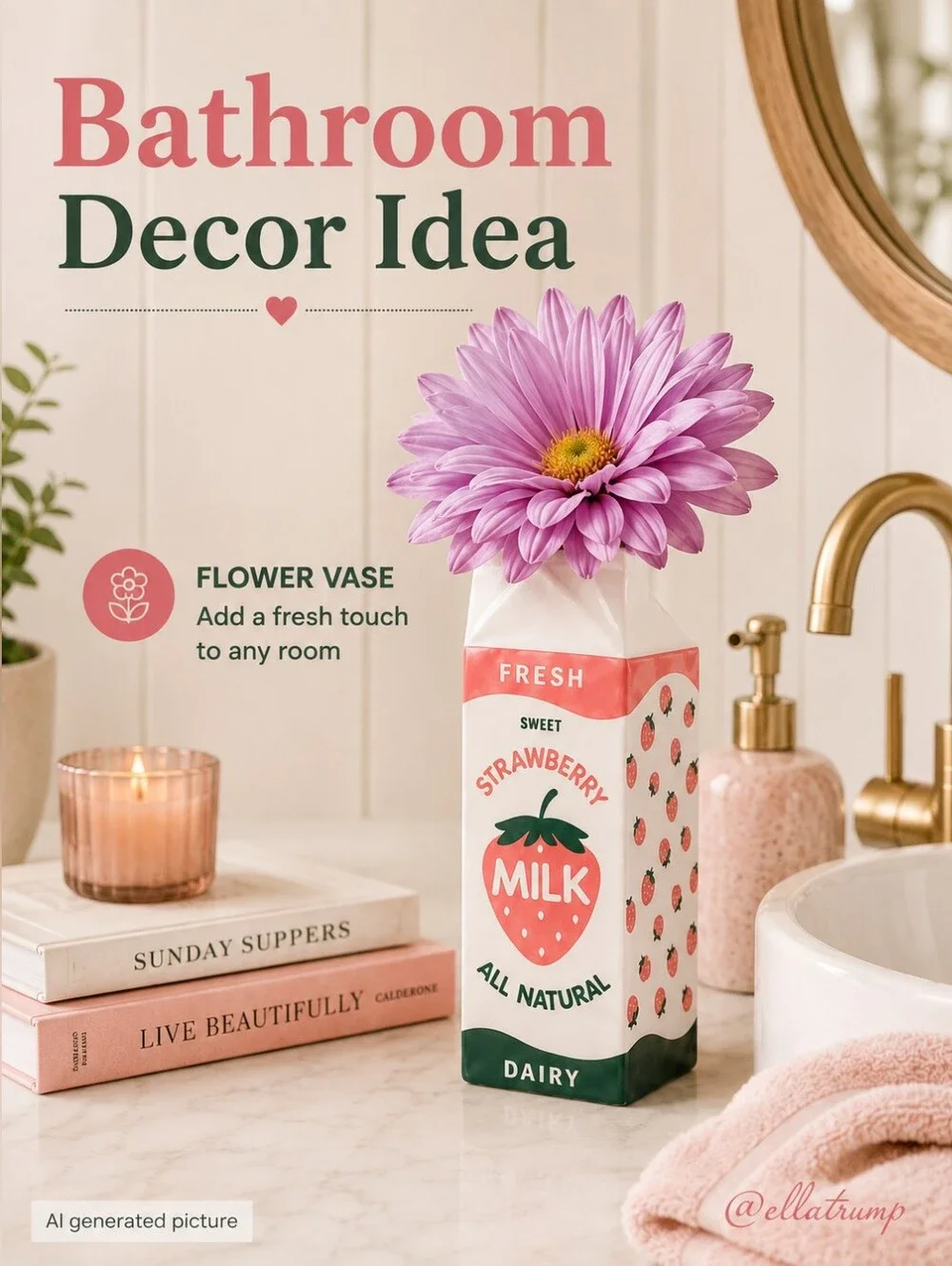 Bien Beau Retro Strawberry Milk Carton Vase Kawaii Ceramic Pink Decor 8.5